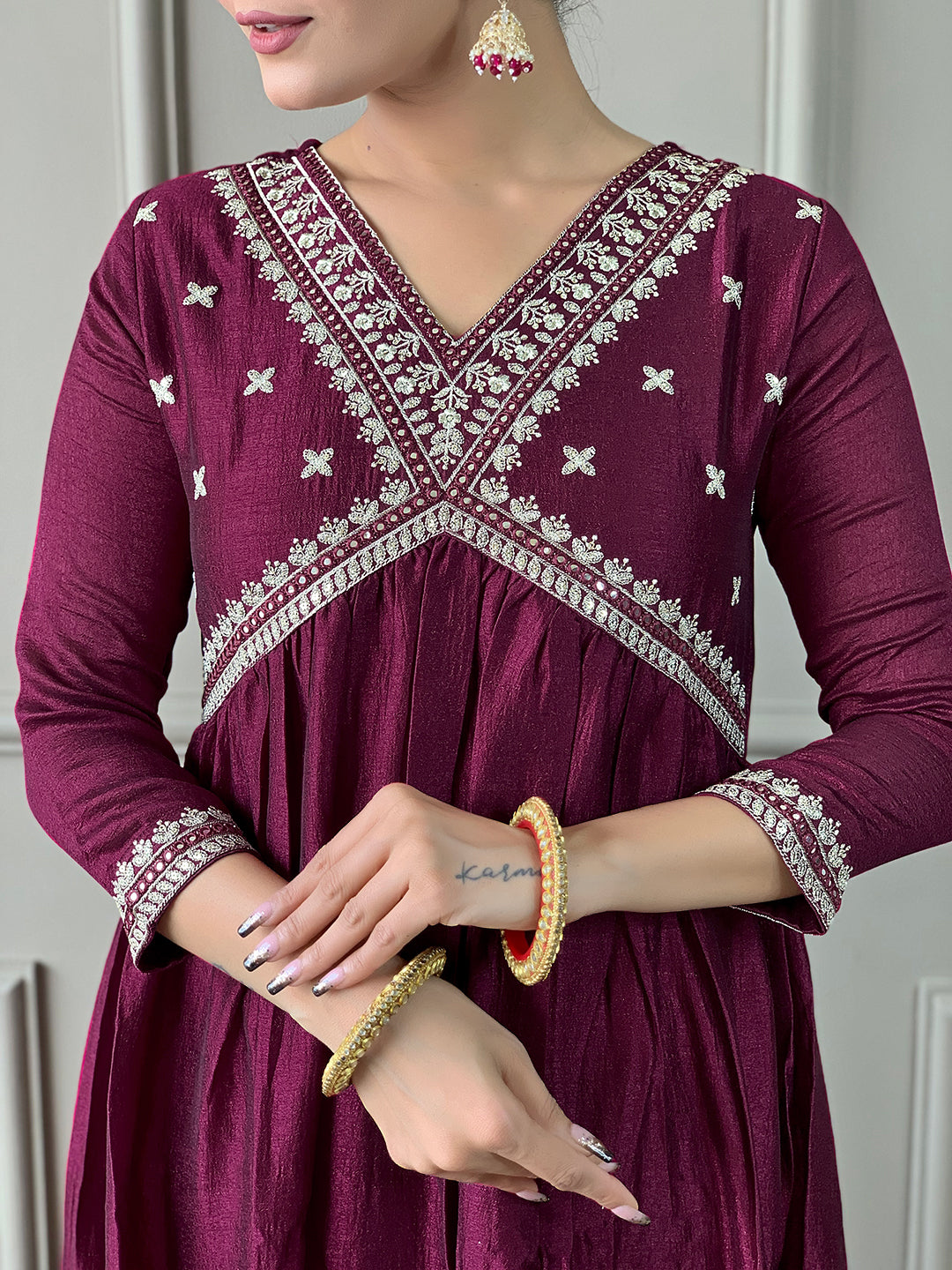 Women’s Purple Vichitra Silk Embroidered Flared Kurta Set with Viscose Silk Pant & Chinon Lace Dupatta