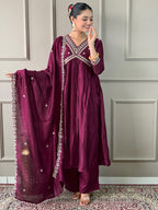 Women’s Purple Vichitra Silk Embroidered Flared Kurta Set with Viscose Silk Pant & Chinon Lace Dupatta
