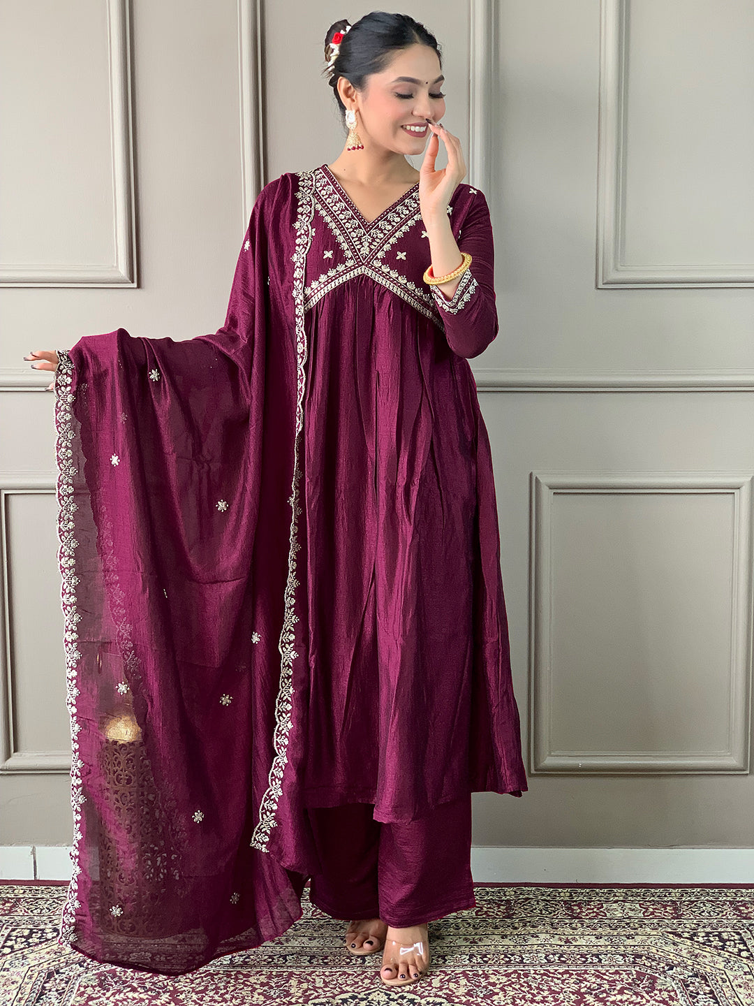 Women’s Purple Vichitra Silk Embroidered Flared Kurta Set with Viscose Silk Pant & Chinon Lace Dupatta