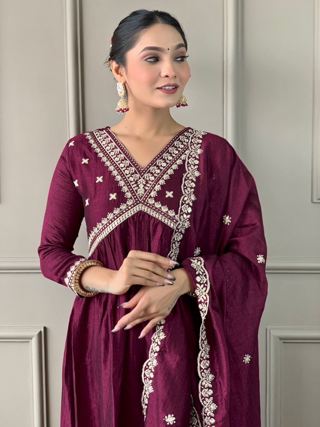 Women’s Purple Vichitra Silk Embroidered Flared Kurta Set with Viscose Silk Pant & Chinon Lace Dupatta