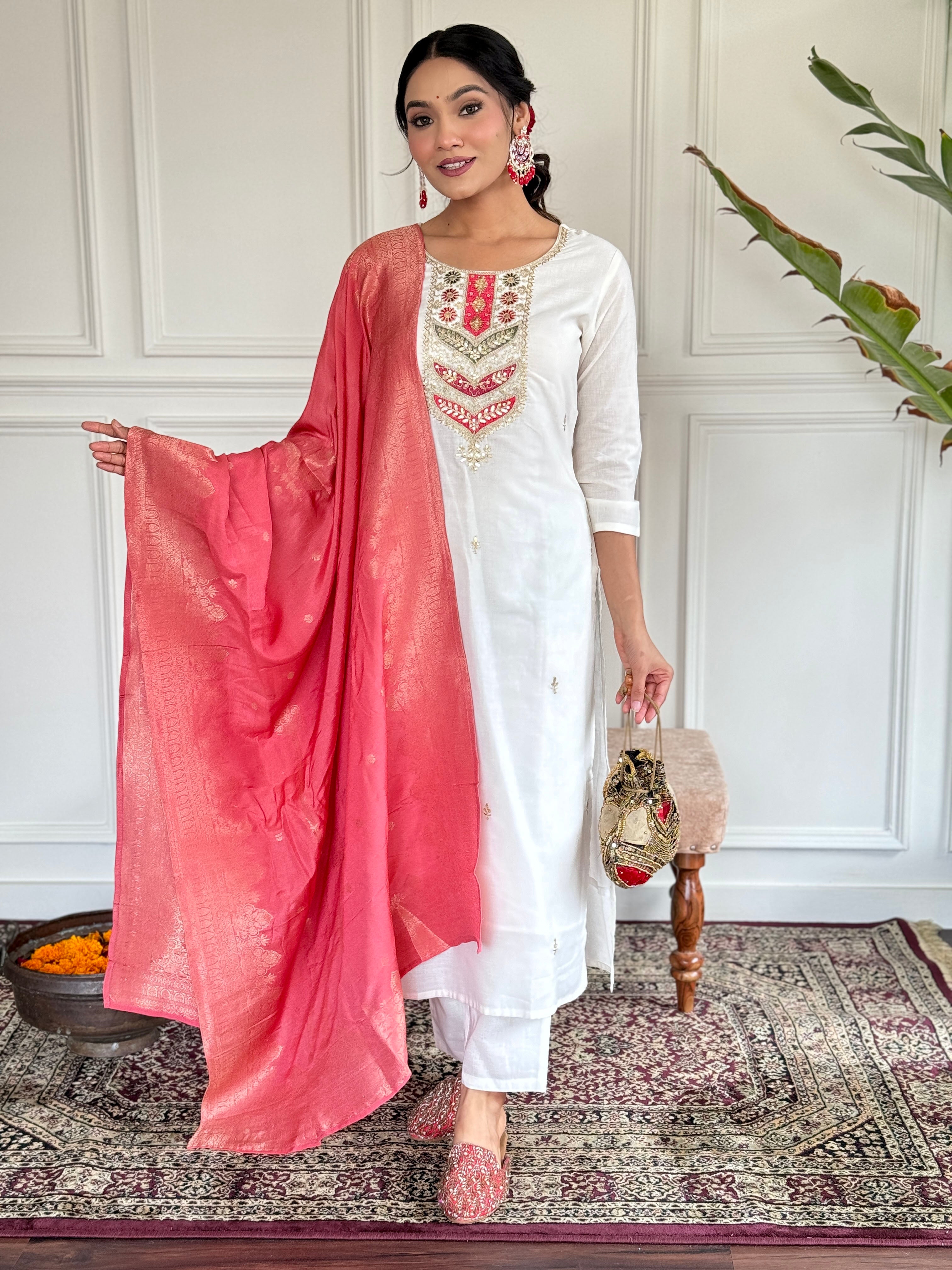 Women’s Pink Viscose Blend Embroidered Straight Kurta Set with Pant & Jacquard Silk Dupatta