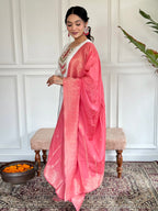 Women’s Pink Viscose Blend Embroidered Straight Kurta Set with Pant & Jacquard Silk Dupatta