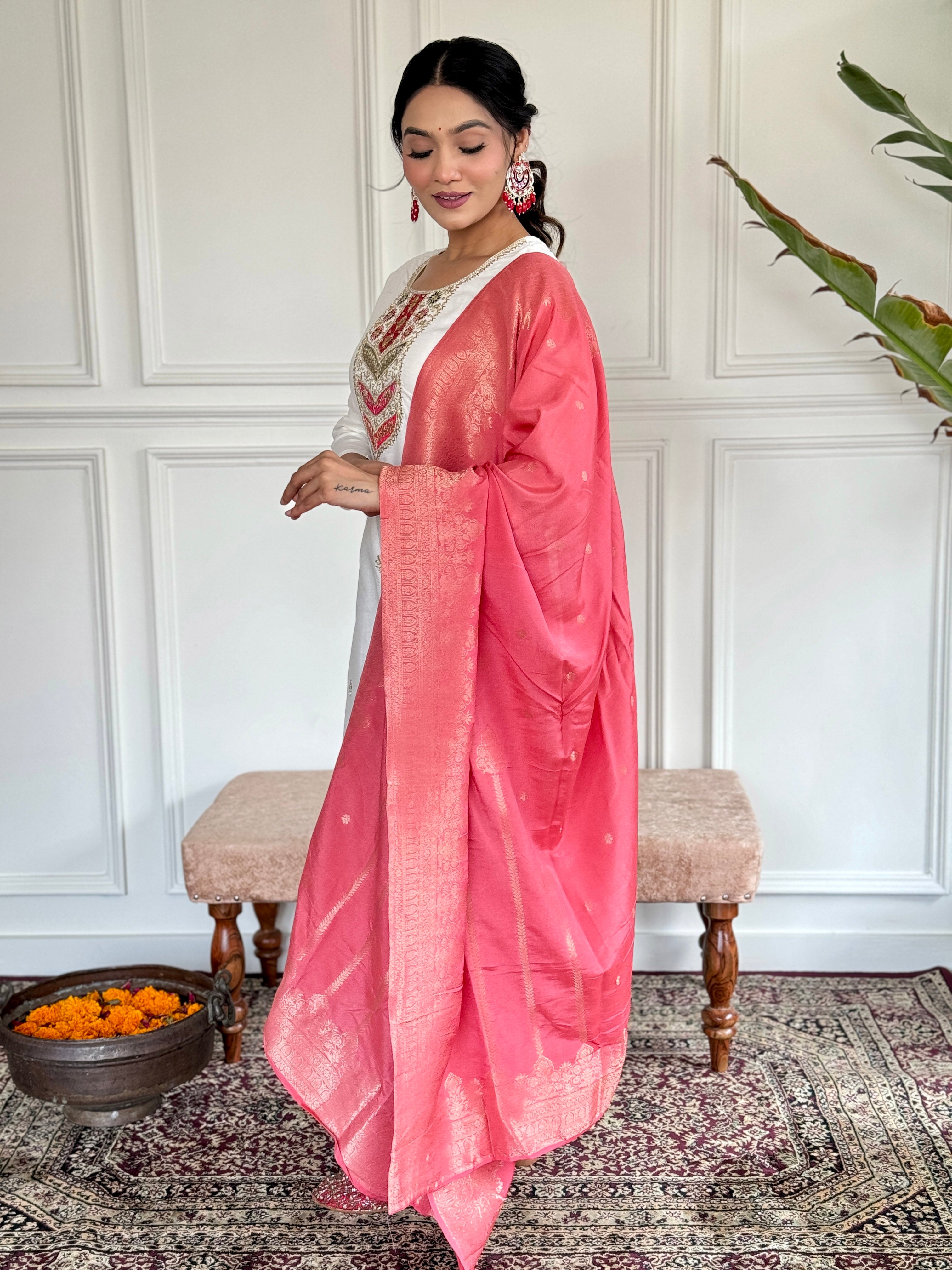 Women’s Pink Viscose Blend Embroidered Straight Kurta Set with Pant & Jacquard Silk Dupatta