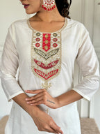 Women’s Pink Viscose Blend Embroidered Straight Kurta Set with Pant & Jacquard Silk Dupatta