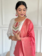 Women’s Pink Viscose Blend Embroidered Straight Kurta Set with Pant & Jacquard Silk Dupatta