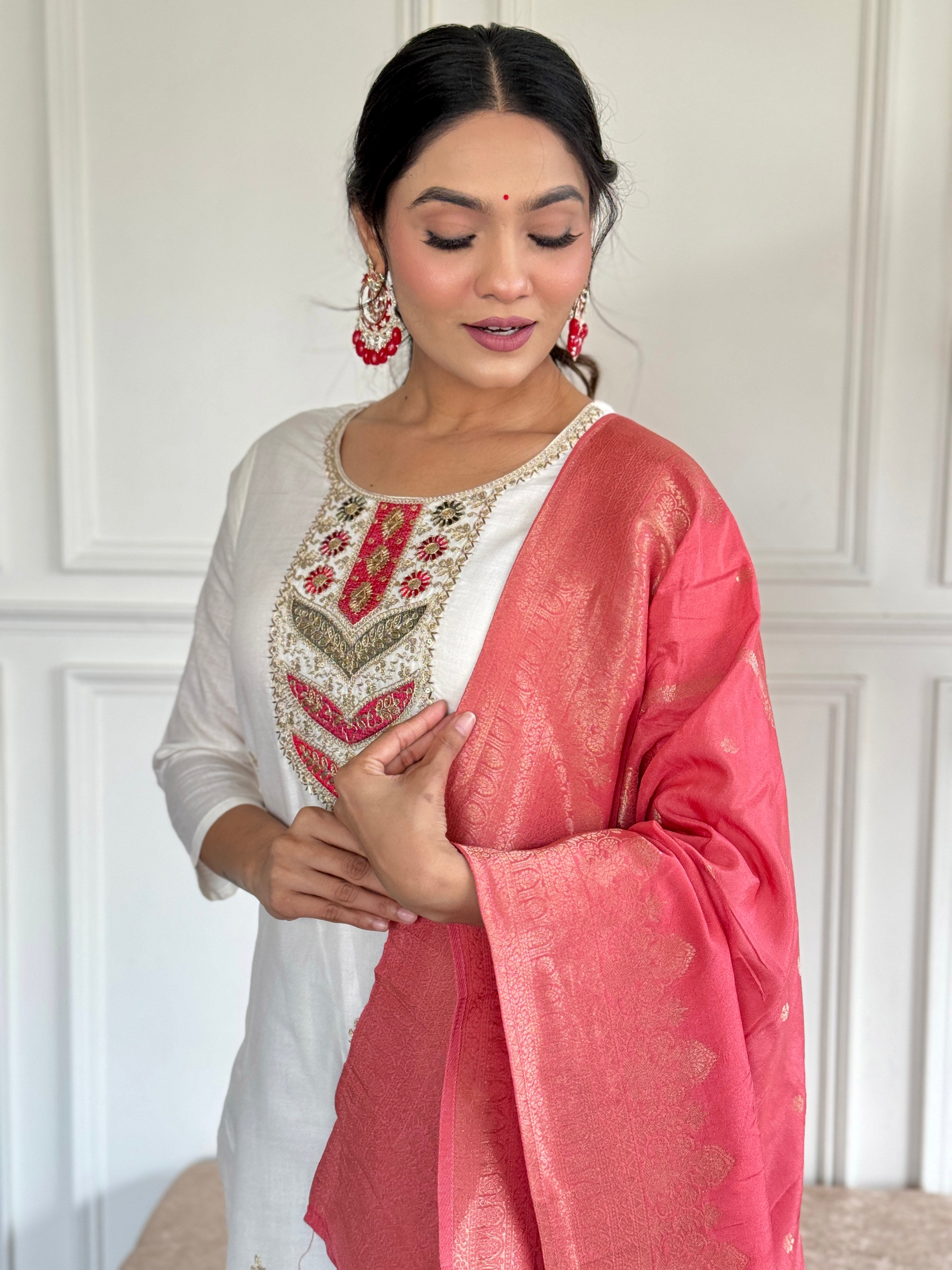 Women’s Pink Viscose Blend Embroidered Straight Kurta Set with Pant & Jacquard Silk Dupatta