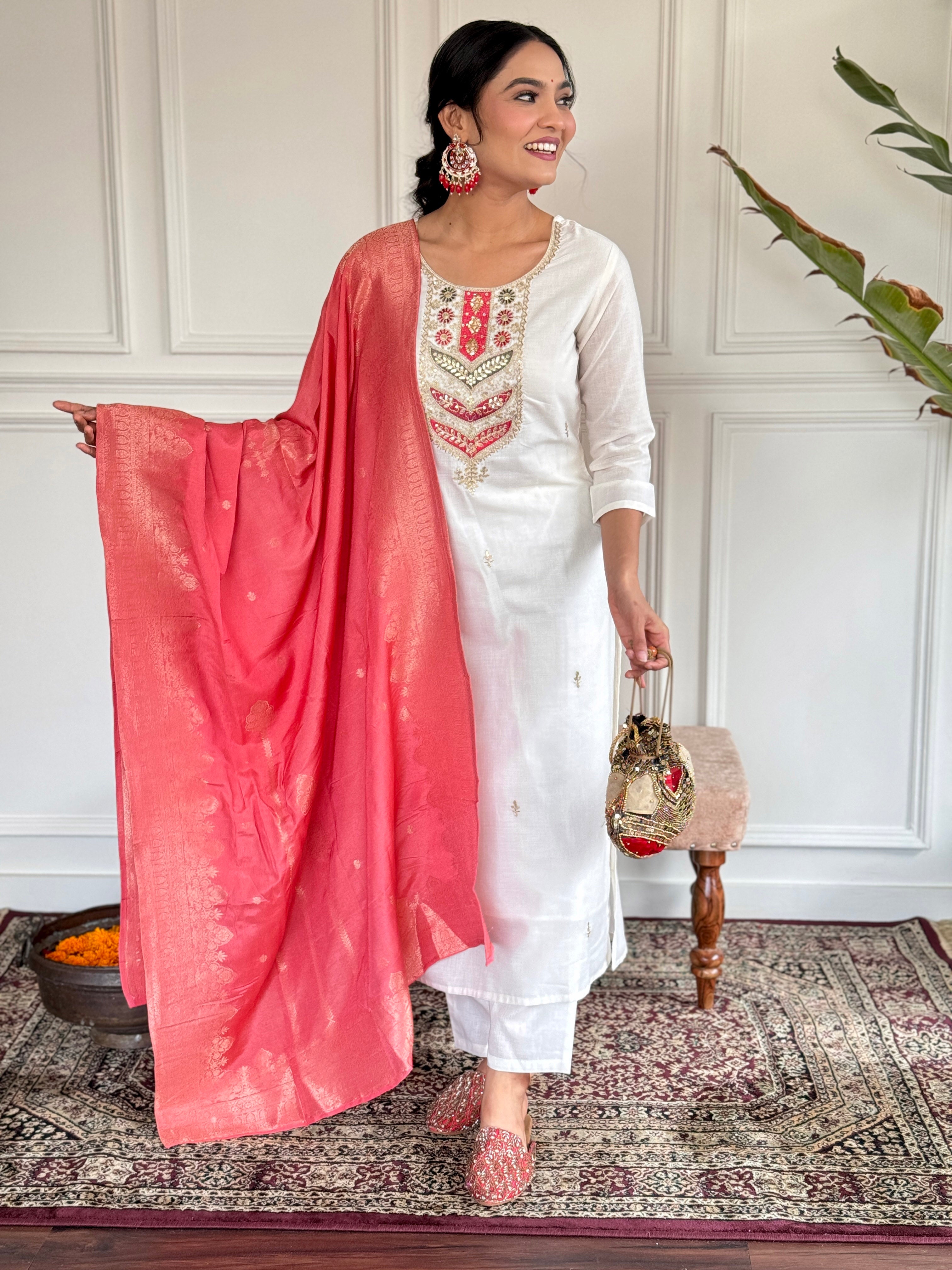 Women’s Pink Viscose Blend Embroidered Straight Kurta Set with Pant & Jacquard Silk Dupatta