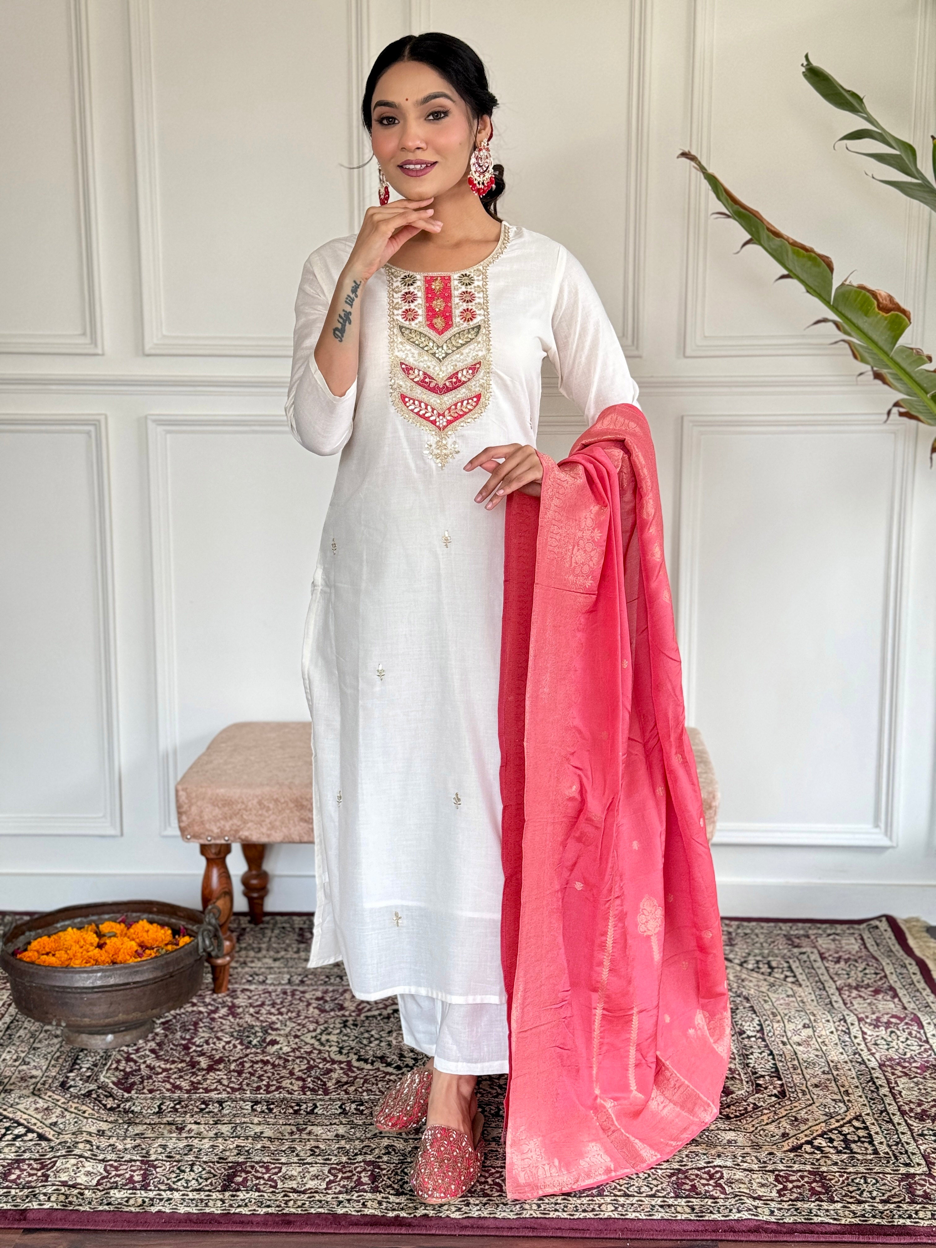 Women’s Pink Viscose Blend Embroidered Straight Kurta Set with Pant & Jacquard Silk Dupatta