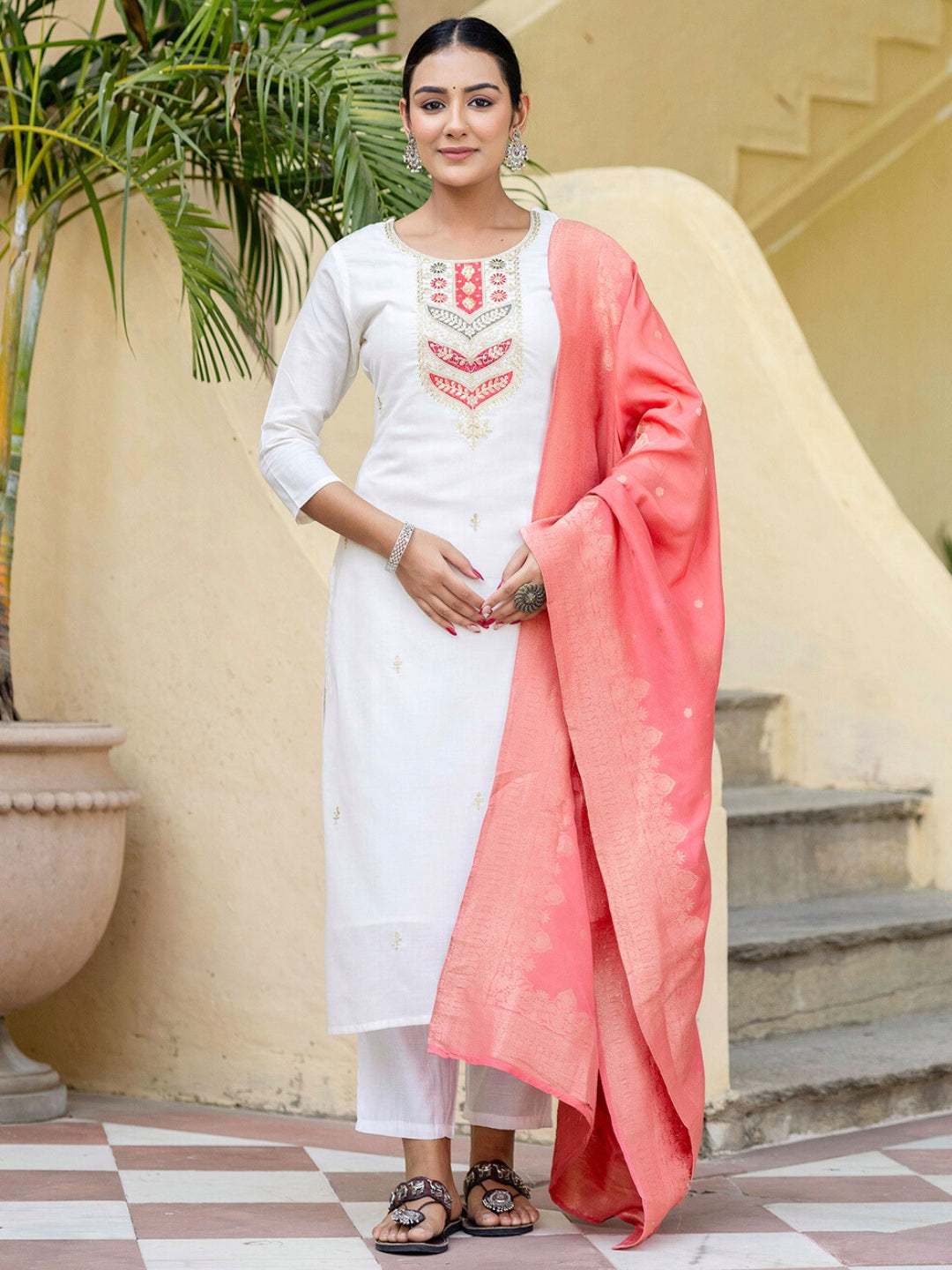 Women’s Pink Viscose Blend Embroidered Straight Kurta Set with Pant & Jacquard Silk Dupatta