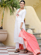 Women’s Pink Viscose Blend Embroidered Straight Kurta Set with Pant & Jacquard Silk Dupatta