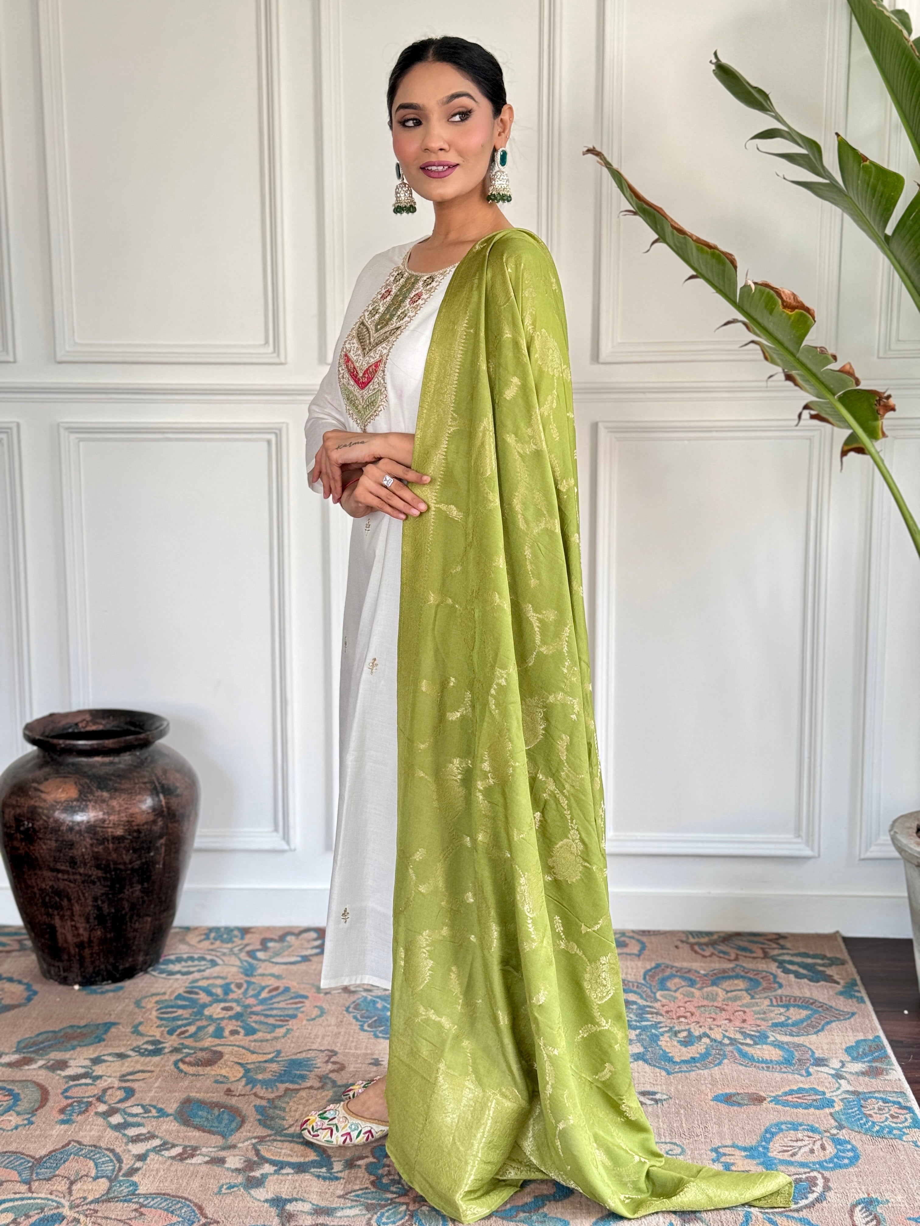 Women’s Green Viscose Blend Embroidered Straight Kurta Set with Pant & Jacquard Silk Dupatta