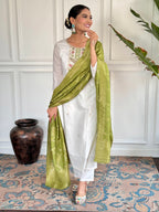Women’s Green Viscose Blend Embroidered Straight Kurta Set with Pant & Jacquard Silk Dupatta
