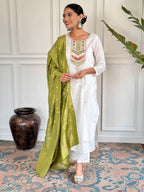 Women’s Green Viscose Blend Embroidered Straight Kurta Set with Pant & Jacquard Silk Dupatta