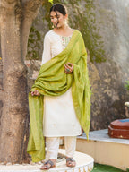 Women’s Green Viscose Blend Embroidered Straight Kurta Set with Pant & Jacquard Silk Dupatta
