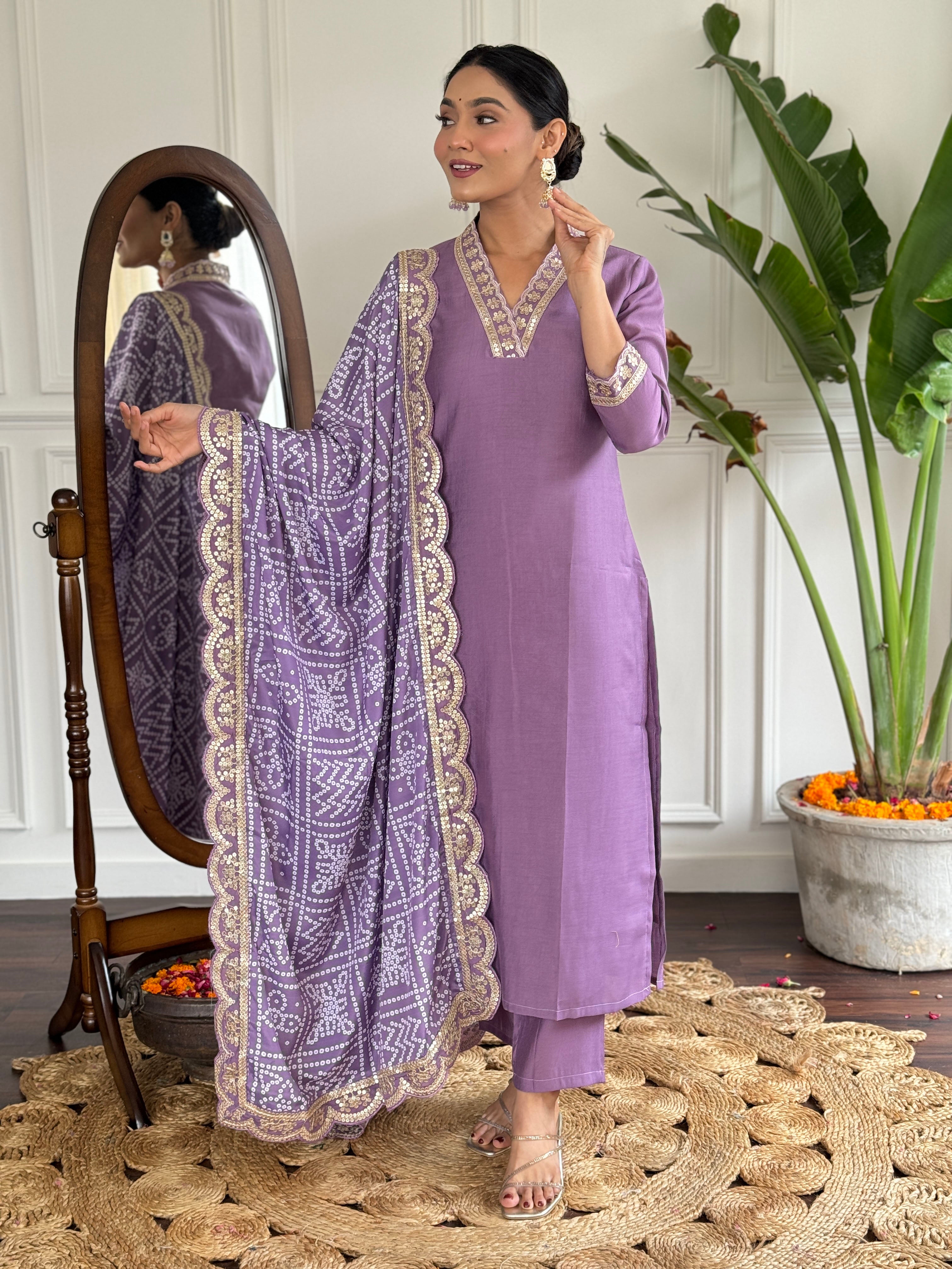 Women’s Lavender Viscose Silk Embroidered Kurta Set with Pant & Printed Chinon Dupatta