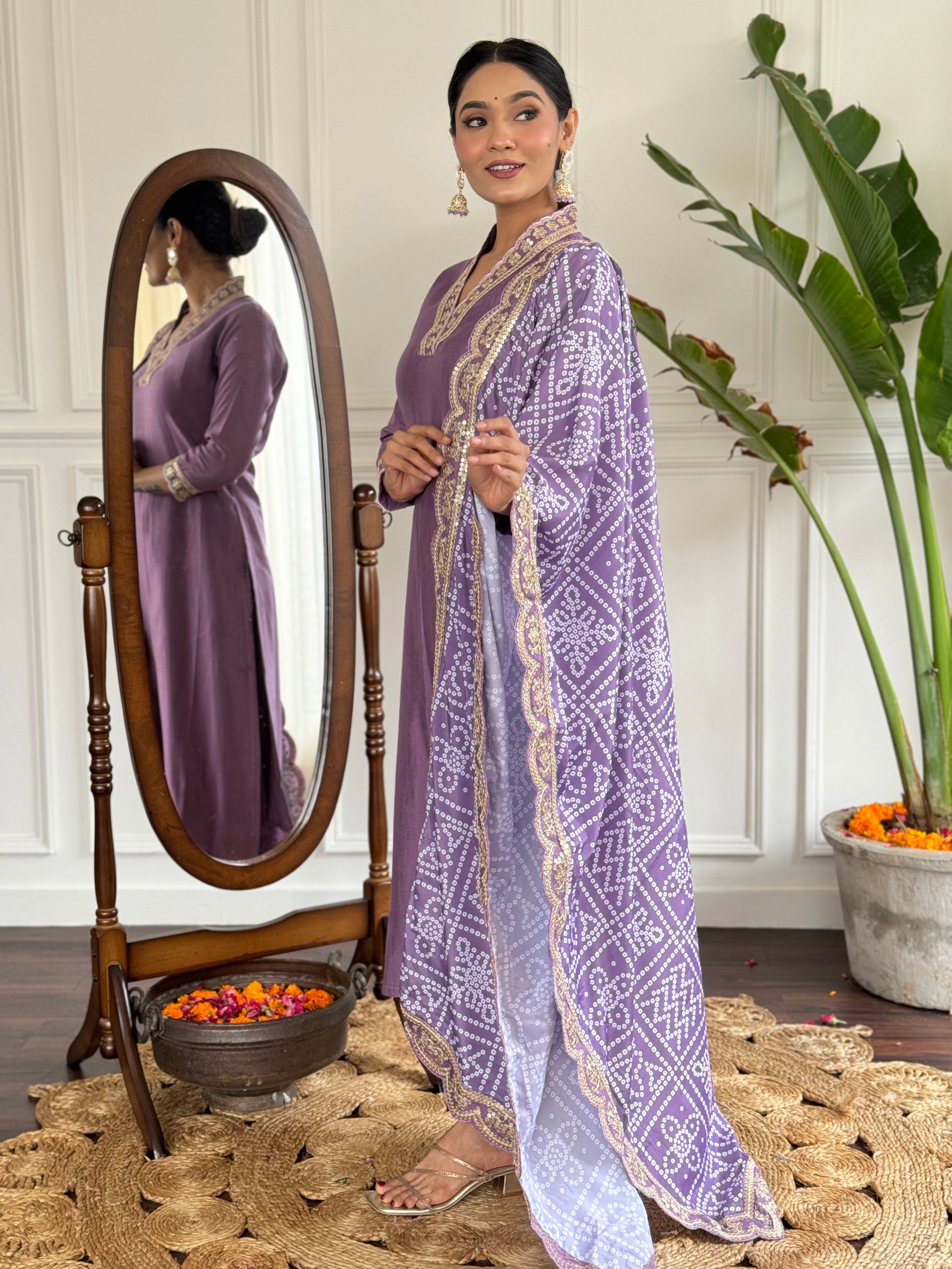 Women’s Lavender Viscose Silk Embroidered Kurta Set with Pant & Printed Chinon Dupatta