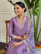 Women’s Lavender Viscose Silk Embroidered Kurta Set with Pant & Printed Chinon Dupatta