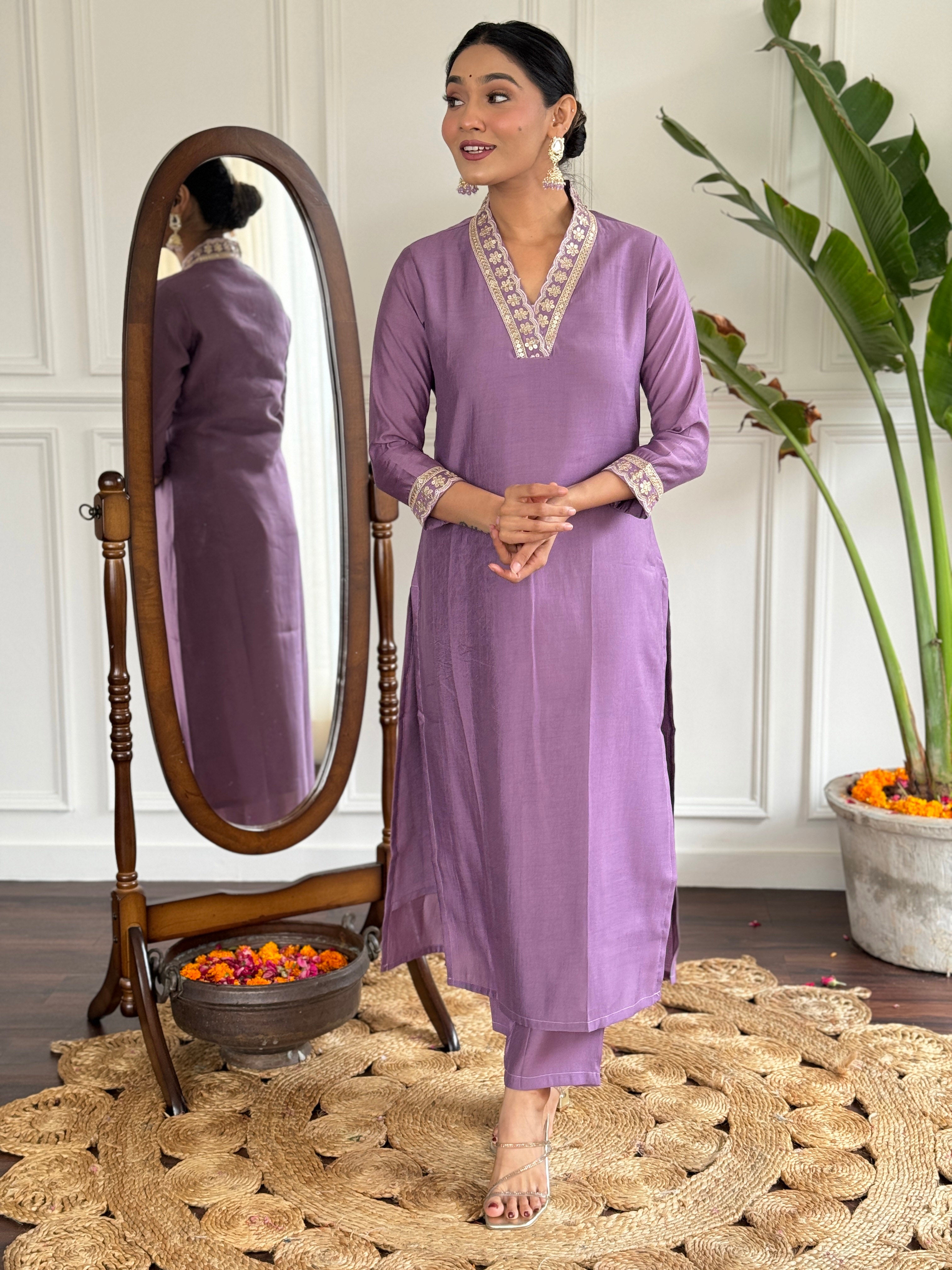 Women’s Lavender Viscose Silk Embroidered Kurta Set with Pant & Printed Chinon Dupatta