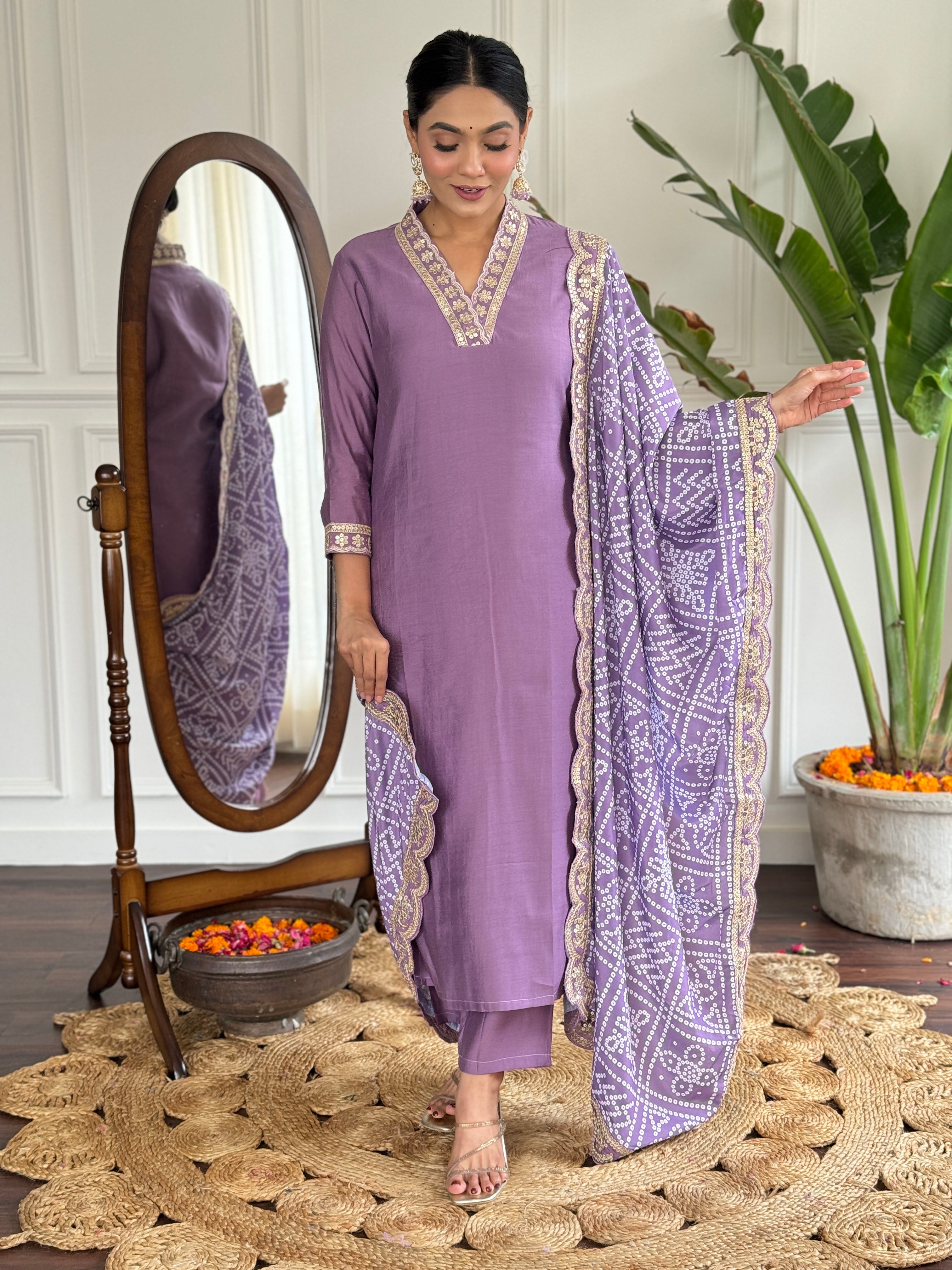 Women’s Lavender Viscose Silk Embroidered Kurta Set with Pant & Printed Chinon Dupatta
