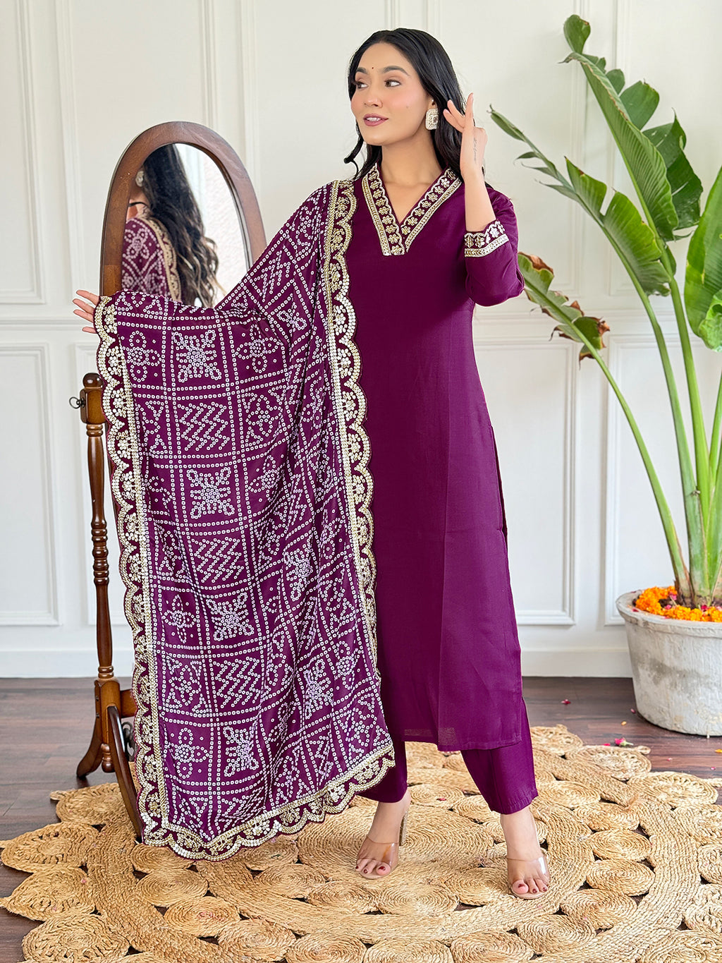 Women’s Purple Viscose Silk Embroidered Kurta Set with Pant & Printed Chinon Dupatta