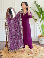 Women’s Purple Viscose Silk Embroidered Kurta Set with Pant & Printed Chinon Dupatta