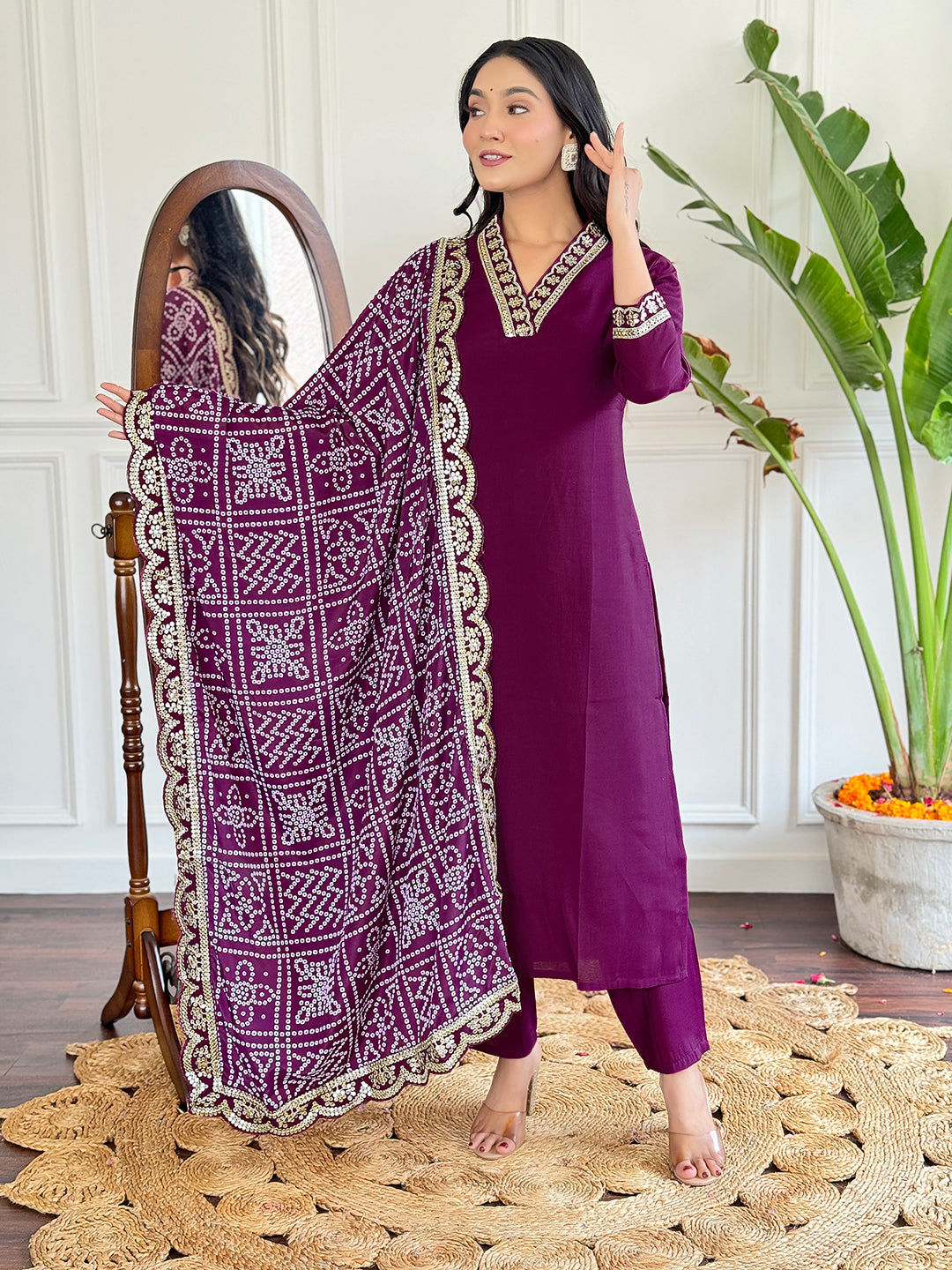 Women’s Purple Viscose Silk Embroidered Kurta Set with Pant & Printed Chinon Dupatta