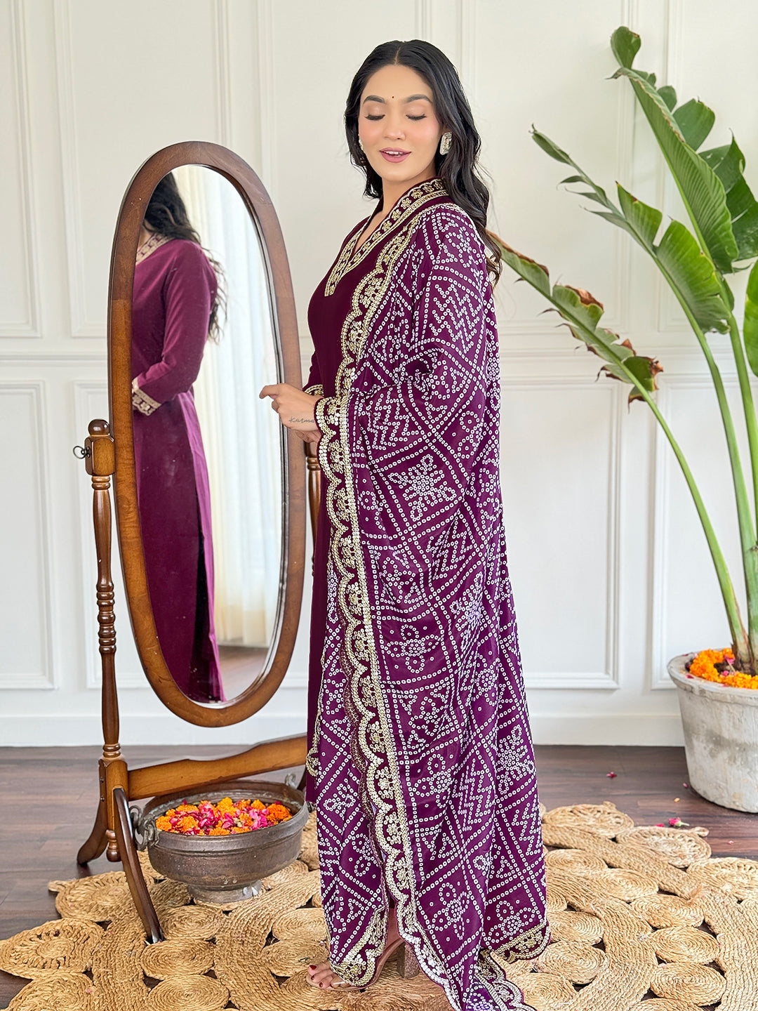 Women’s Purple Viscose Silk Embroidered Kurta Set with Pant & Printed Chinon Dupatta