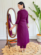 Women’s Purple Viscose Silk Embroidered Kurta Set with Pant & Printed Chinon Dupatta