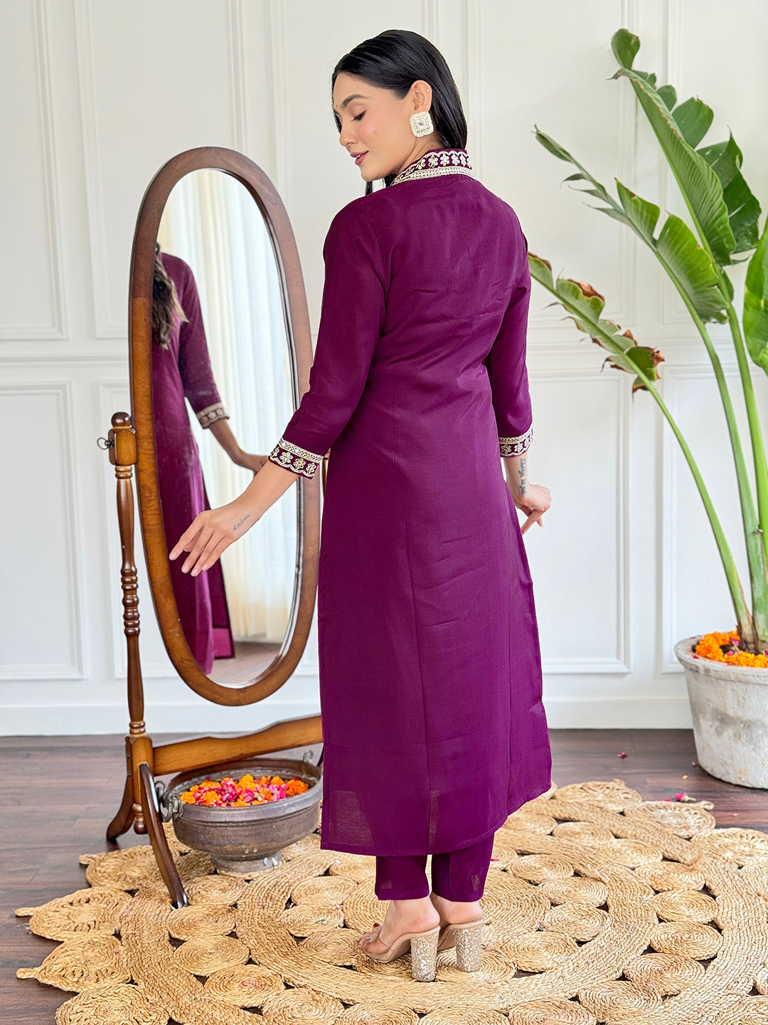 Women’s Purple Viscose Silk Embroidered Kurta Set with Pant & Printed Chinon Dupatta