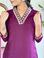 Women’s Purple Viscose Silk Embroidered Kurta Set with Pant & Printed Chinon Dupatta