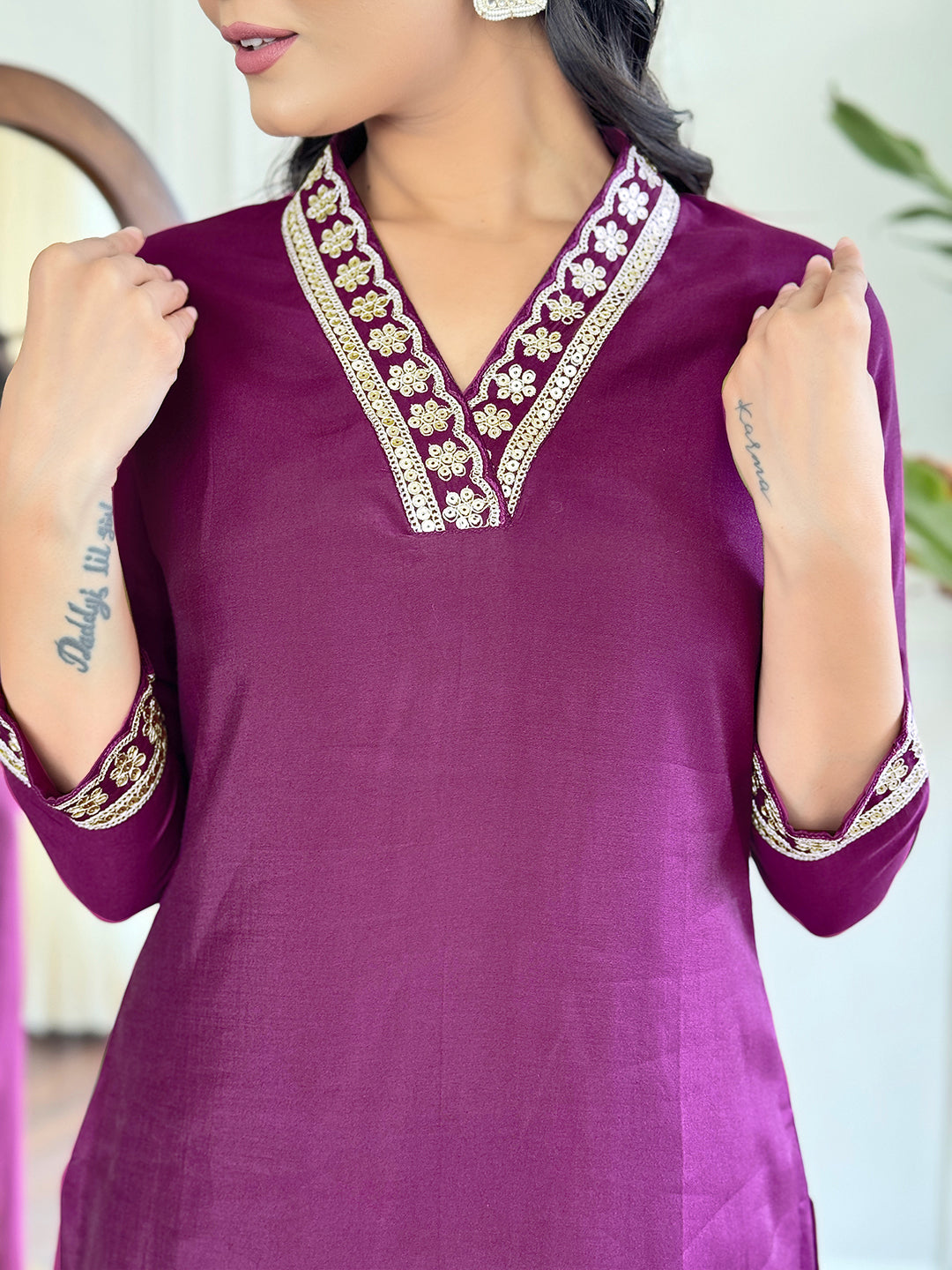 Women’s Purple Viscose Silk Embroidered Kurta Set with Pant & Printed Chinon Dupatta