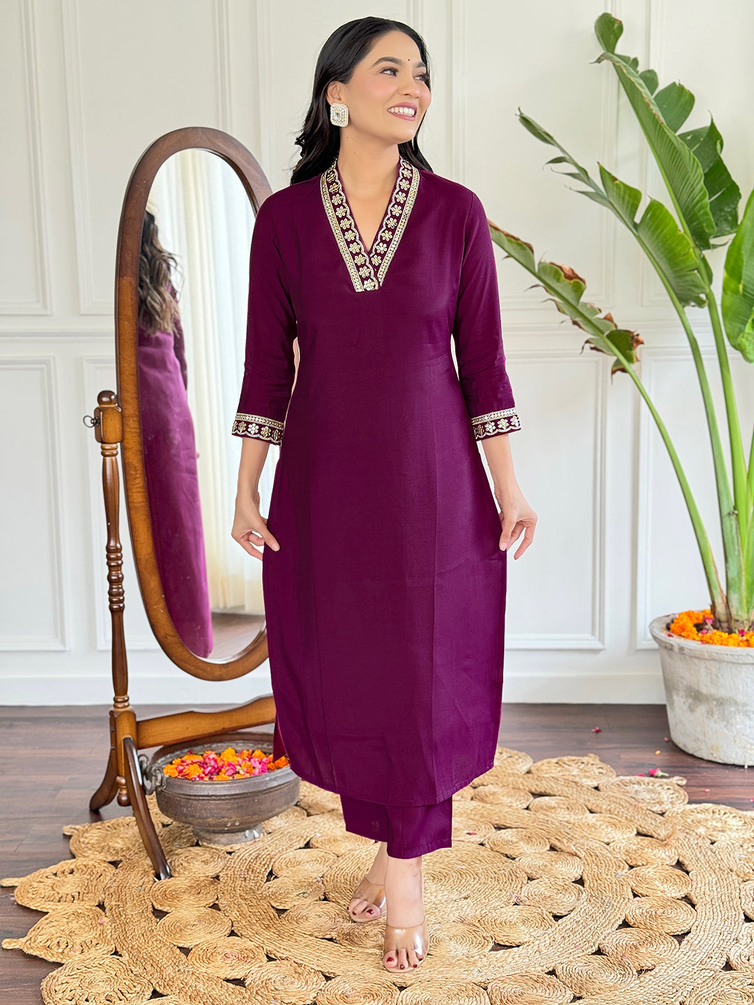 Women’s Purple Viscose Silk Embroidered Kurta Set with Pant & Printed Chinon Dupatta