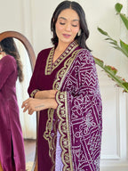 Women’s Purple Viscose Silk Embroidered Kurta Set with Pant & Printed Chinon Dupatta