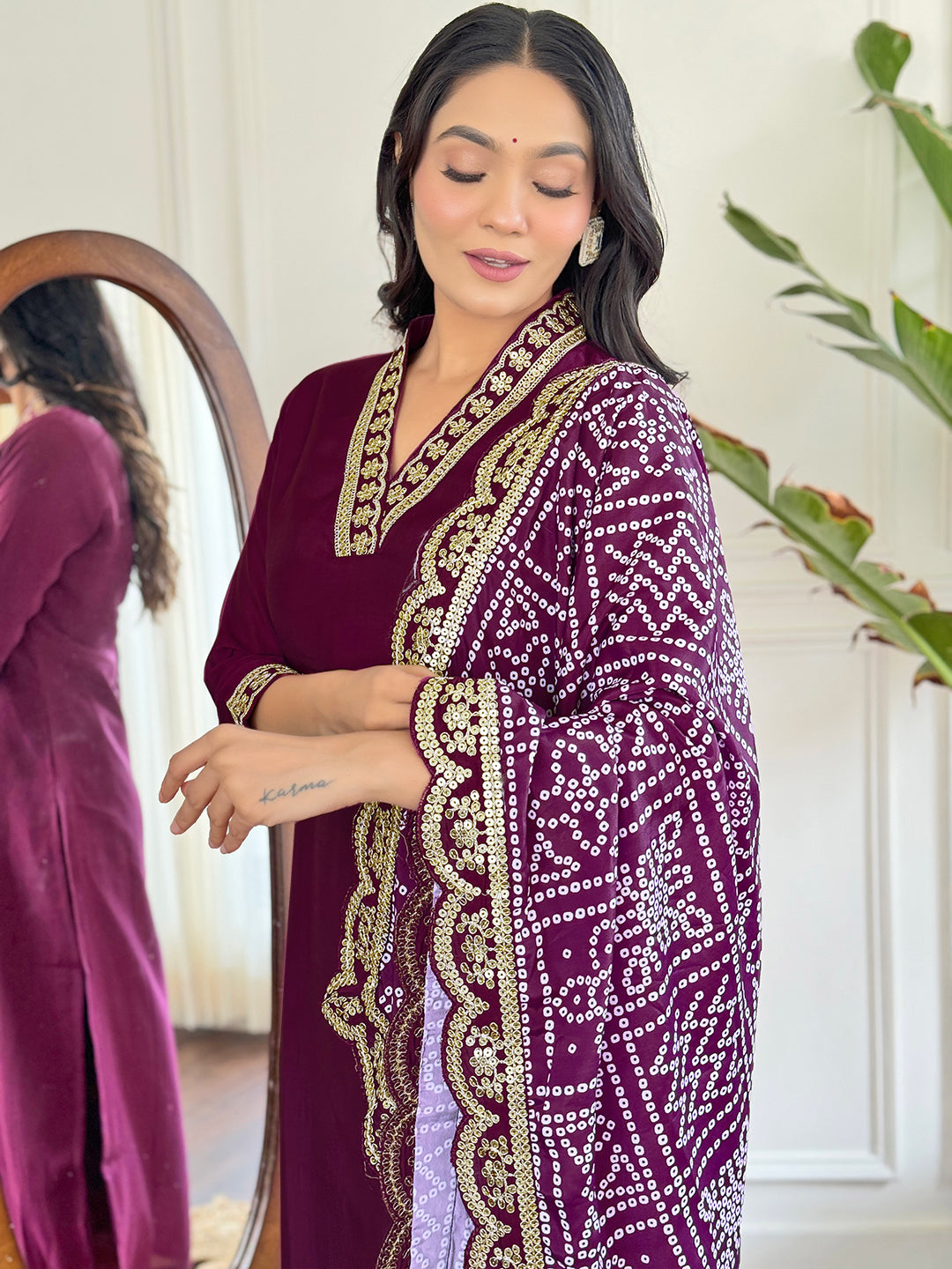 Women’s Purple Viscose Silk Embroidered Kurta Set with Pant & Printed Chinon Dupatta