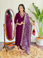 Women’s Purple Viscose Silk Embroidered Kurta Set with Pant & Printed Chinon Dupatta