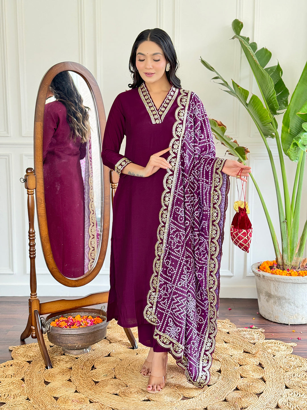 Women’s Purple Viscose Silk Embroidered Kurta Set with Pant & Printed Chinon Dupatta