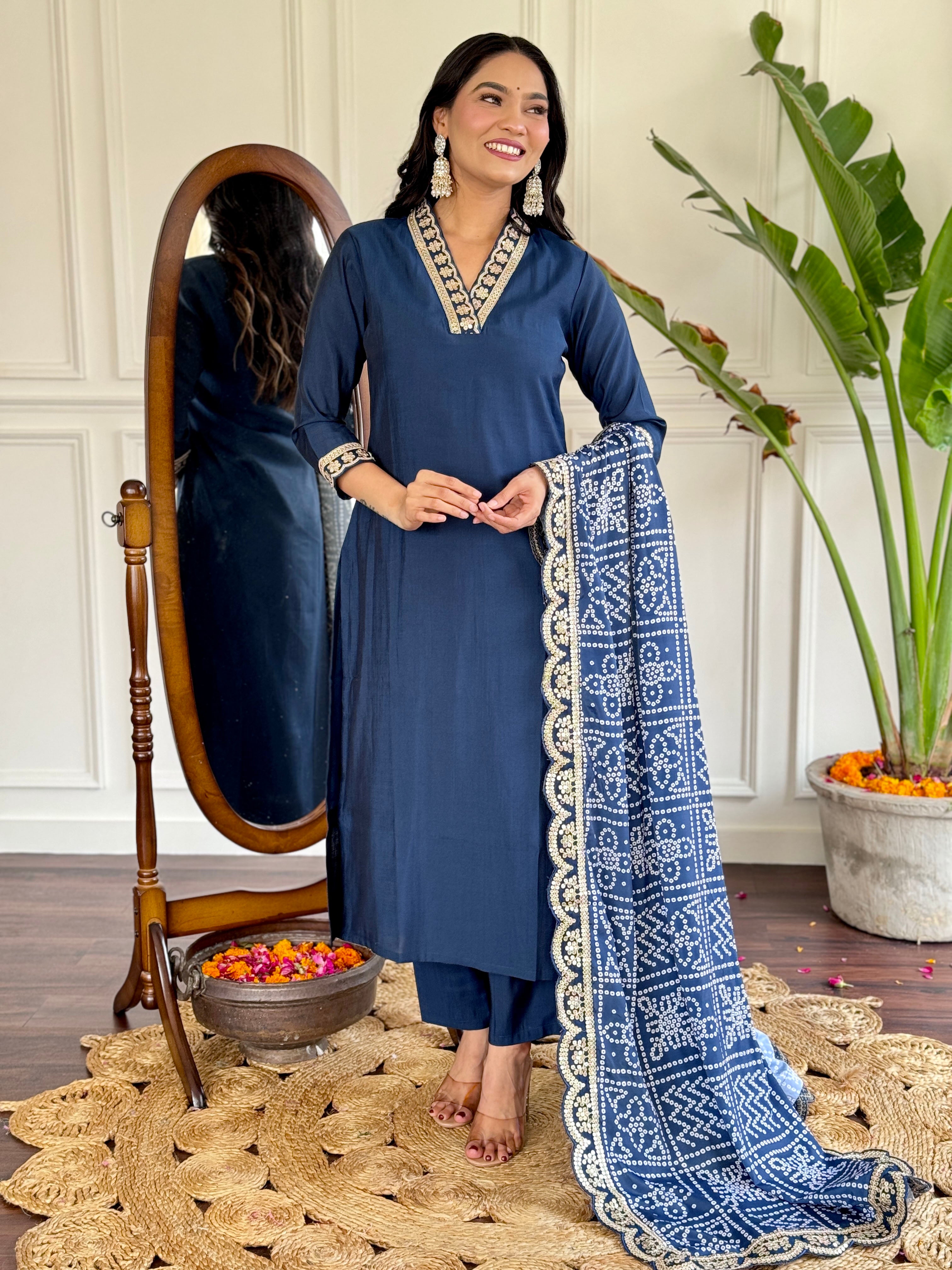 Women’s Navy Blue Viscose Silk Embroidered Kurta Set with Pant & Printed Chinon Dupatta