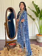 Women’s Navy Blue Viscose Silk Embroidered Kurta Set with Pant & Printed Chinon Dupatta