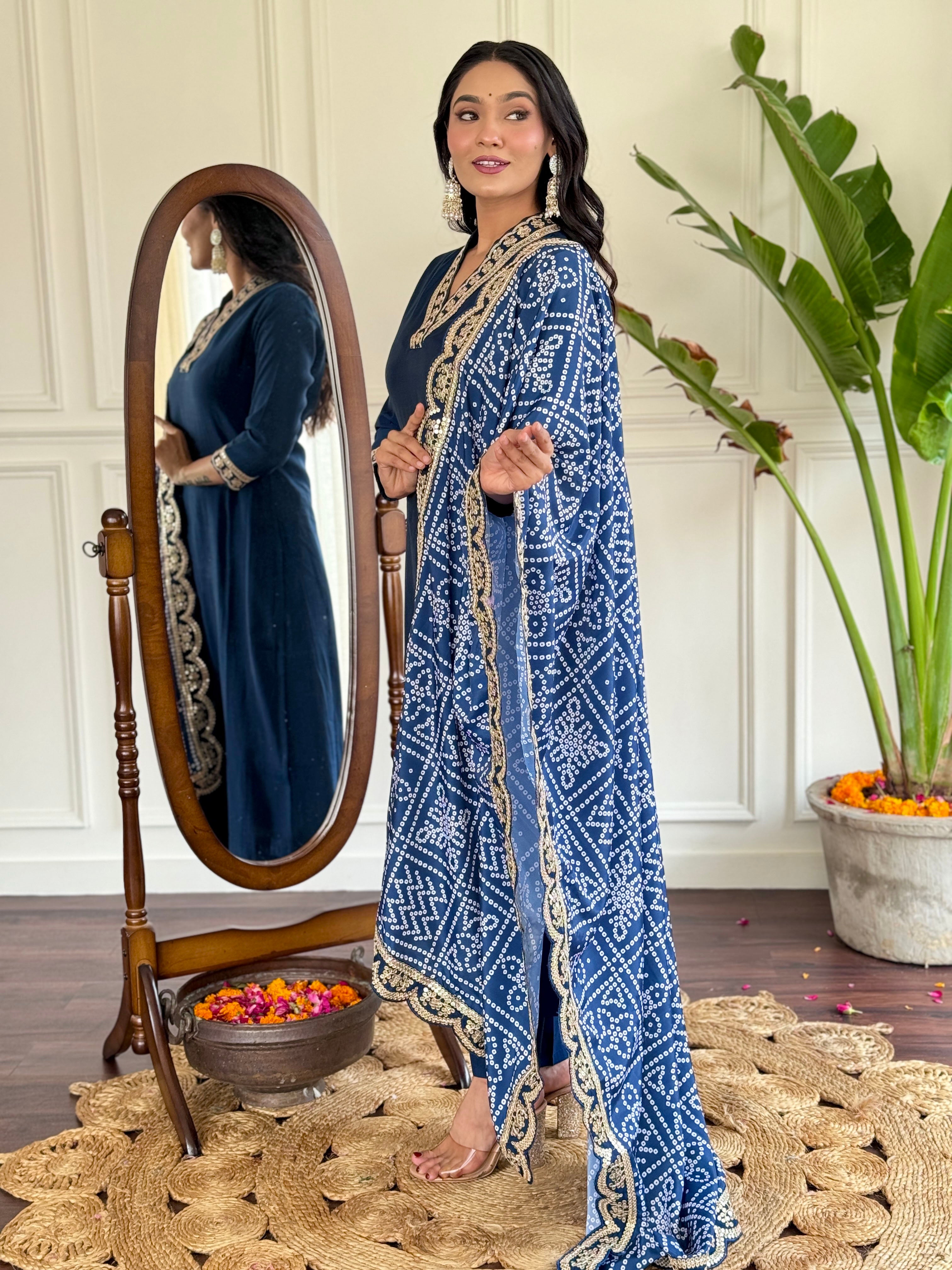 Women’s Navy Blue Viscose Silk Embroidered Kurta Set with Pant & Printed Chinon Dupatta
