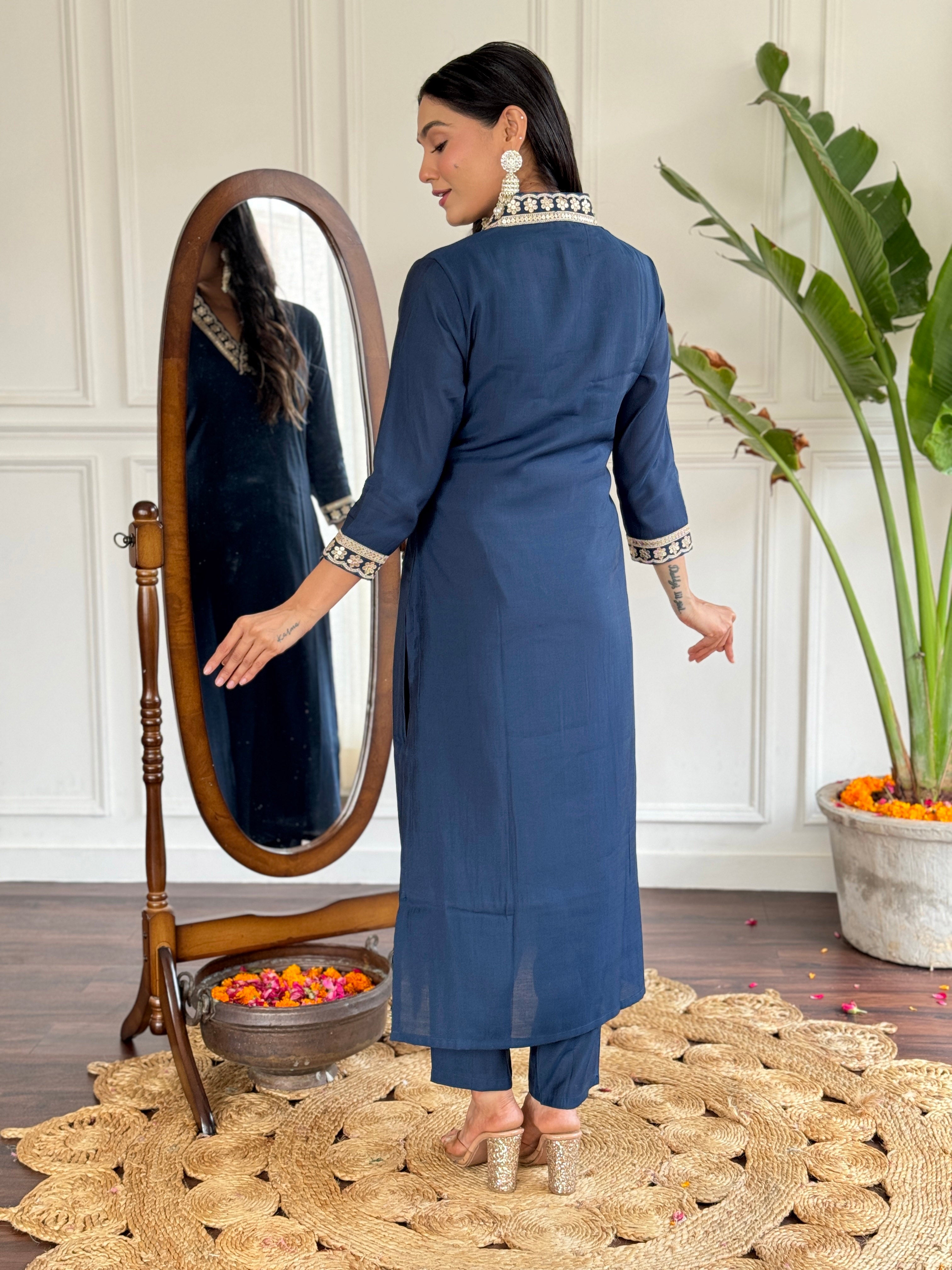 Women’s Navy Blue Viscose Silk Embroidered Kurta Set with Pant & Printed Chinon Dupatta