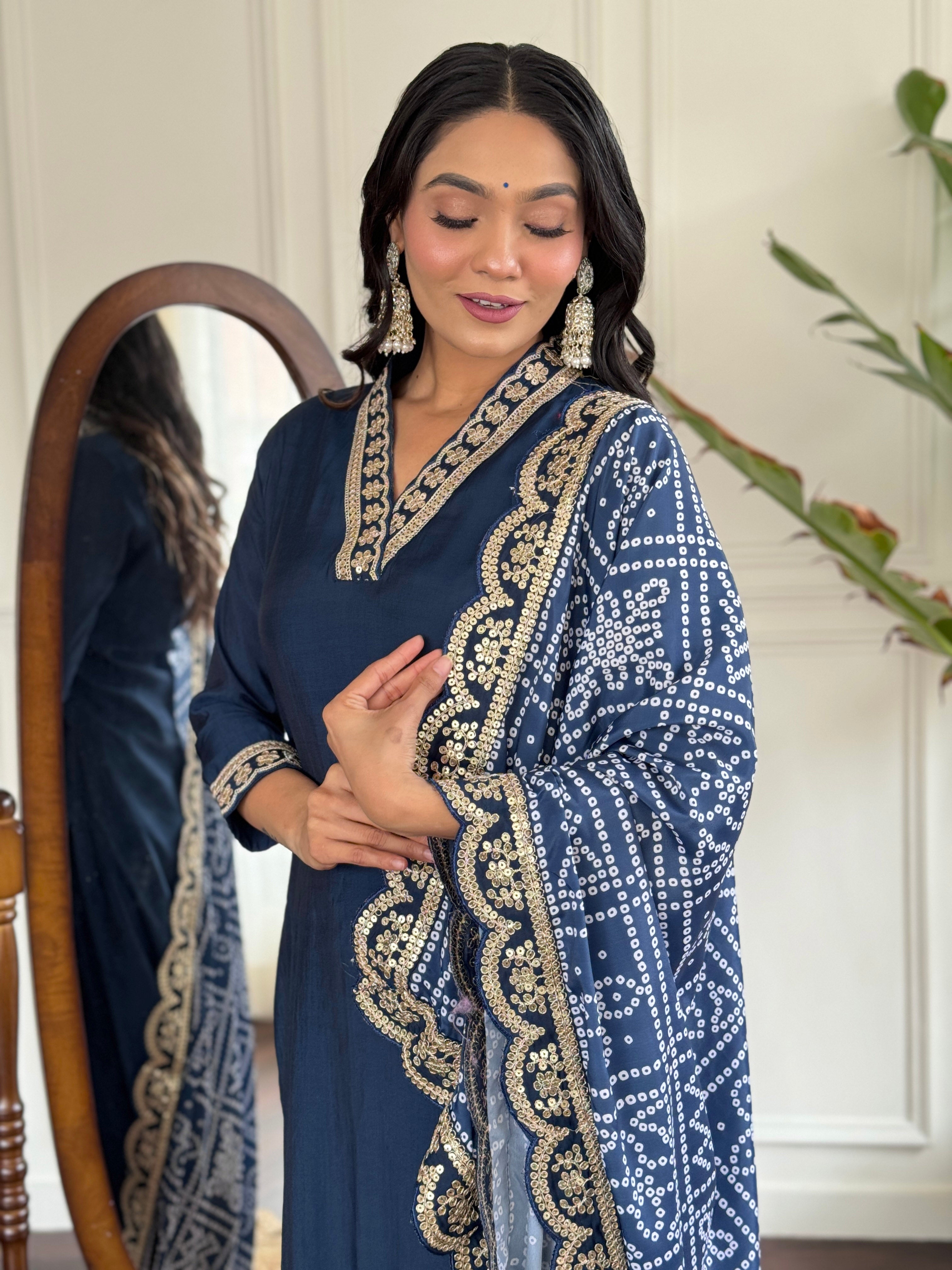 Women’s Navy Blue Viscose Silk Embroidered Kurta Set with Pant & Printed Chinon Dupatta