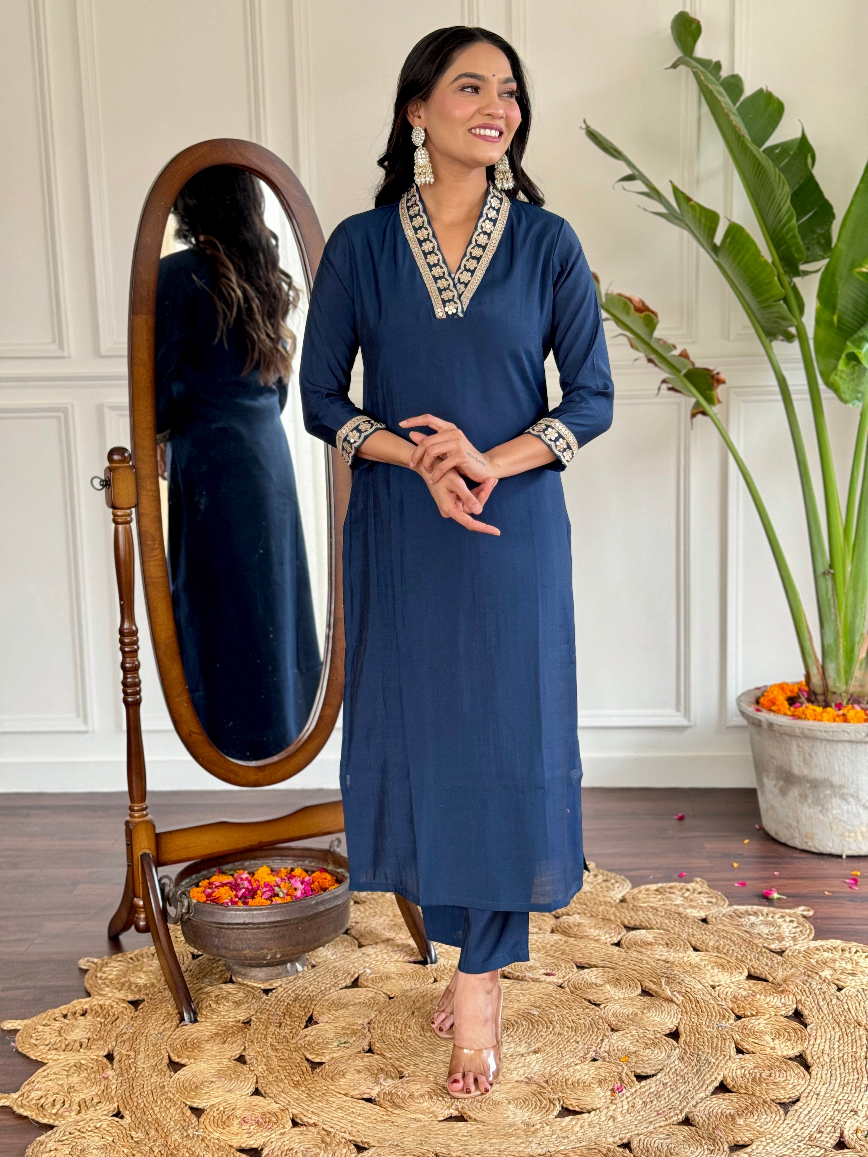 Women’s Navy Blue Viscose Silk Embroidered Kurta Set with Pant & Printed Chinon Dupatta