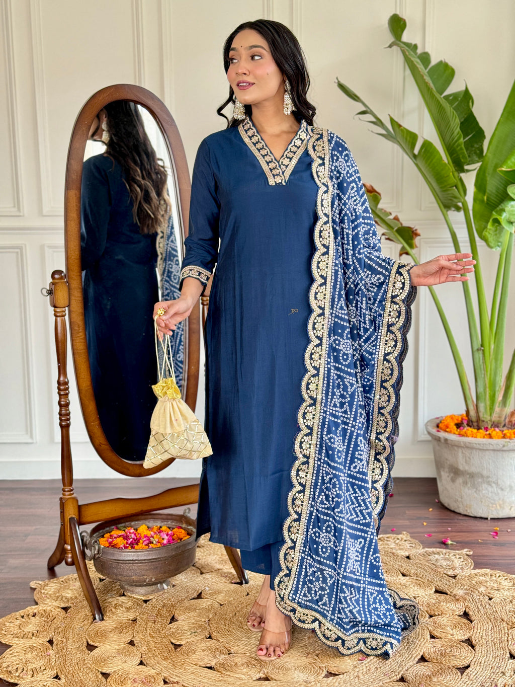 Women’s Navy Blue Viscose Silk Embroidered Kurta Set with Pant & Printed Chinon Dupatta