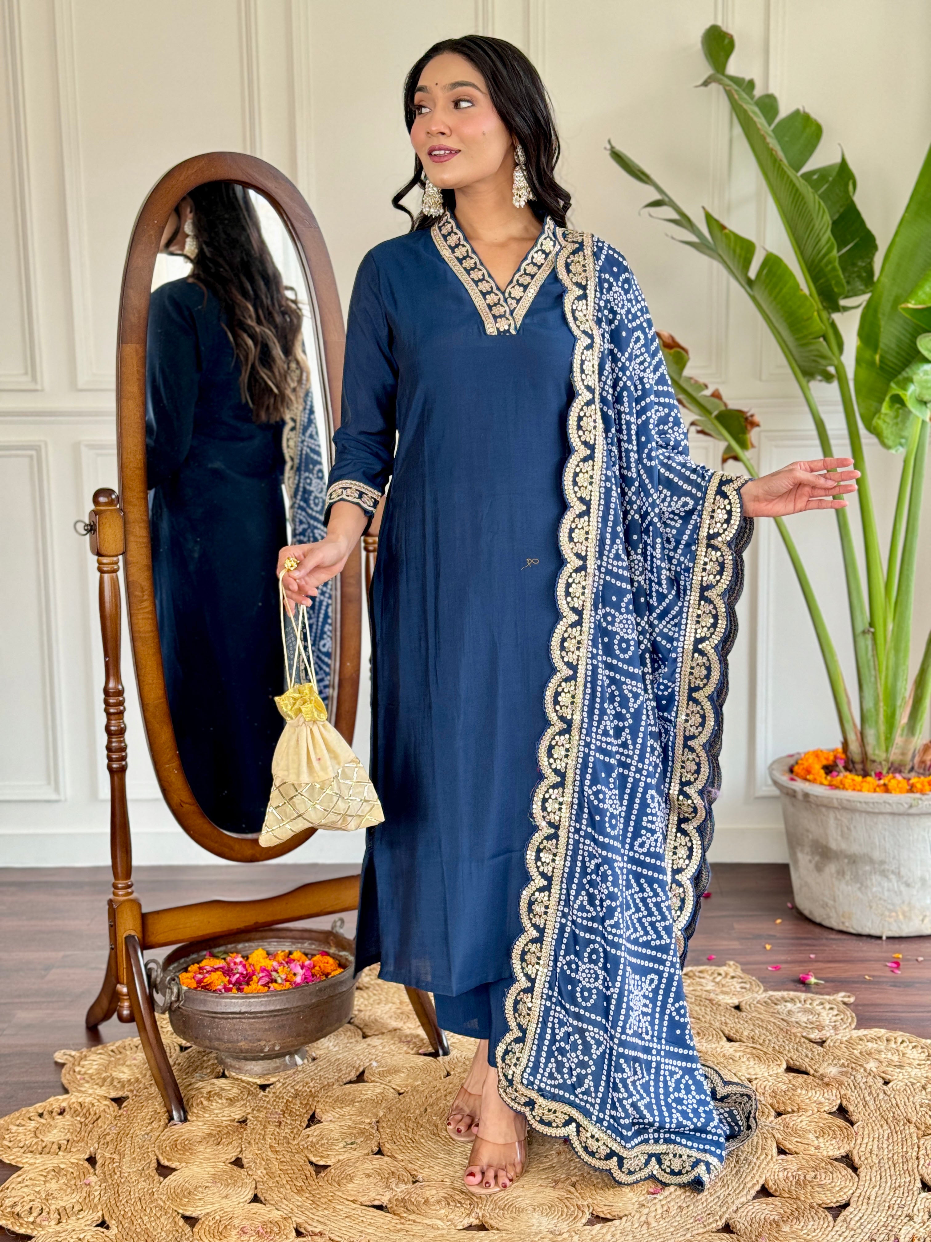 Women’s Navy Blue Viscose Silk Embroidered Kurta Set with Pant & Printed Chinon Dupatta