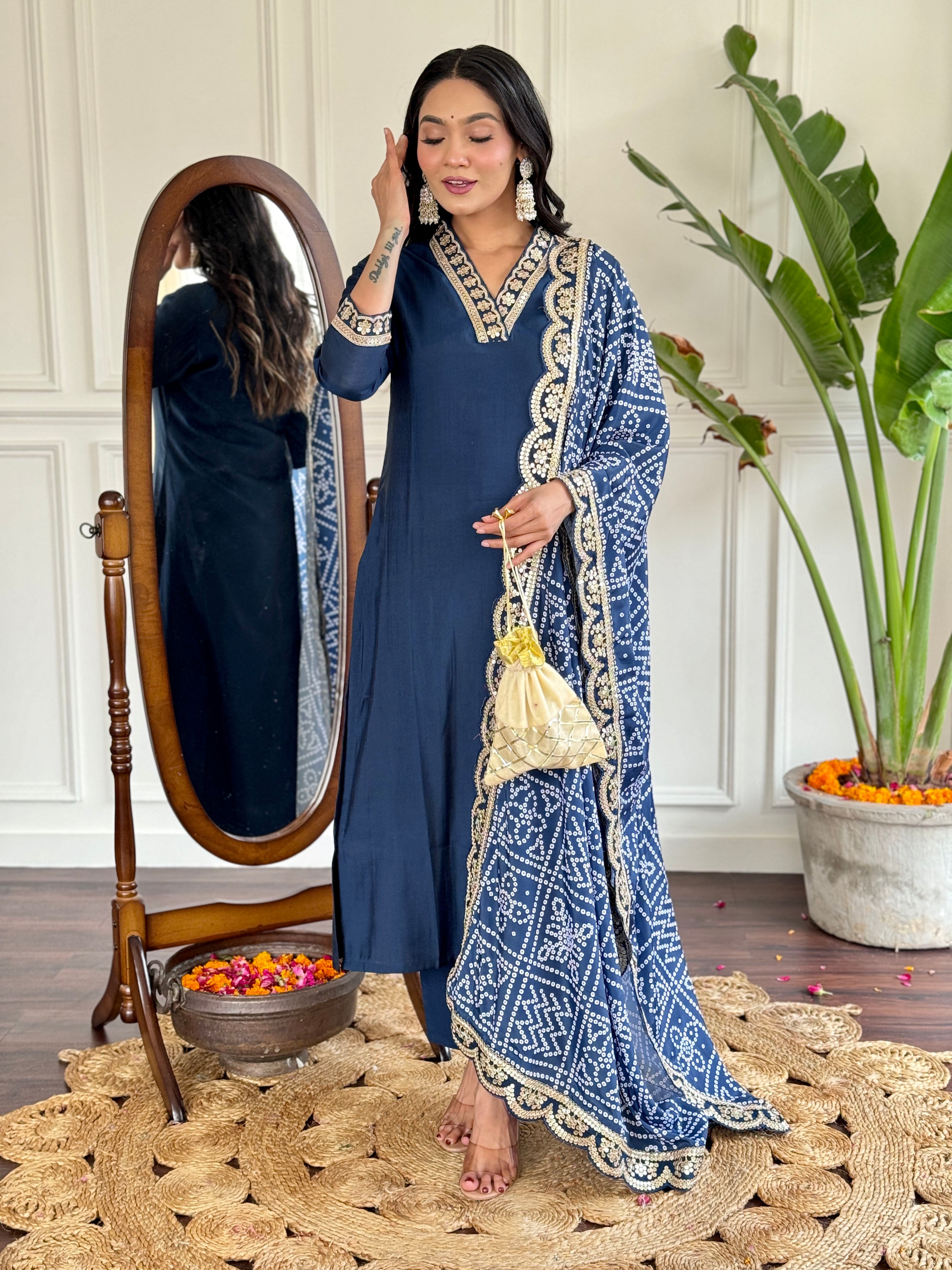 Women’s Navy Blue Viscose Silk Embroidered Kurta Set with Pant & Printed Chinon Dupatta