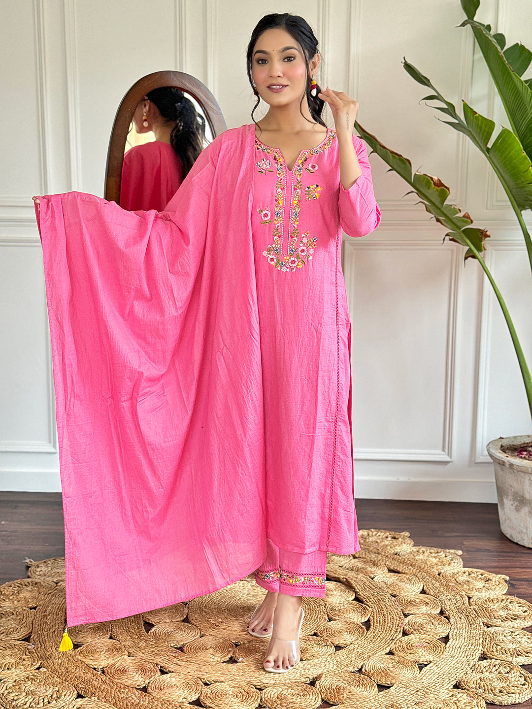Women’s Pink Viscose Embroidered Straight Kurta with Viscose Pants & Cotton Dyed Dupatta Set  It’s concise, highlights the color first, and reads smoothly.