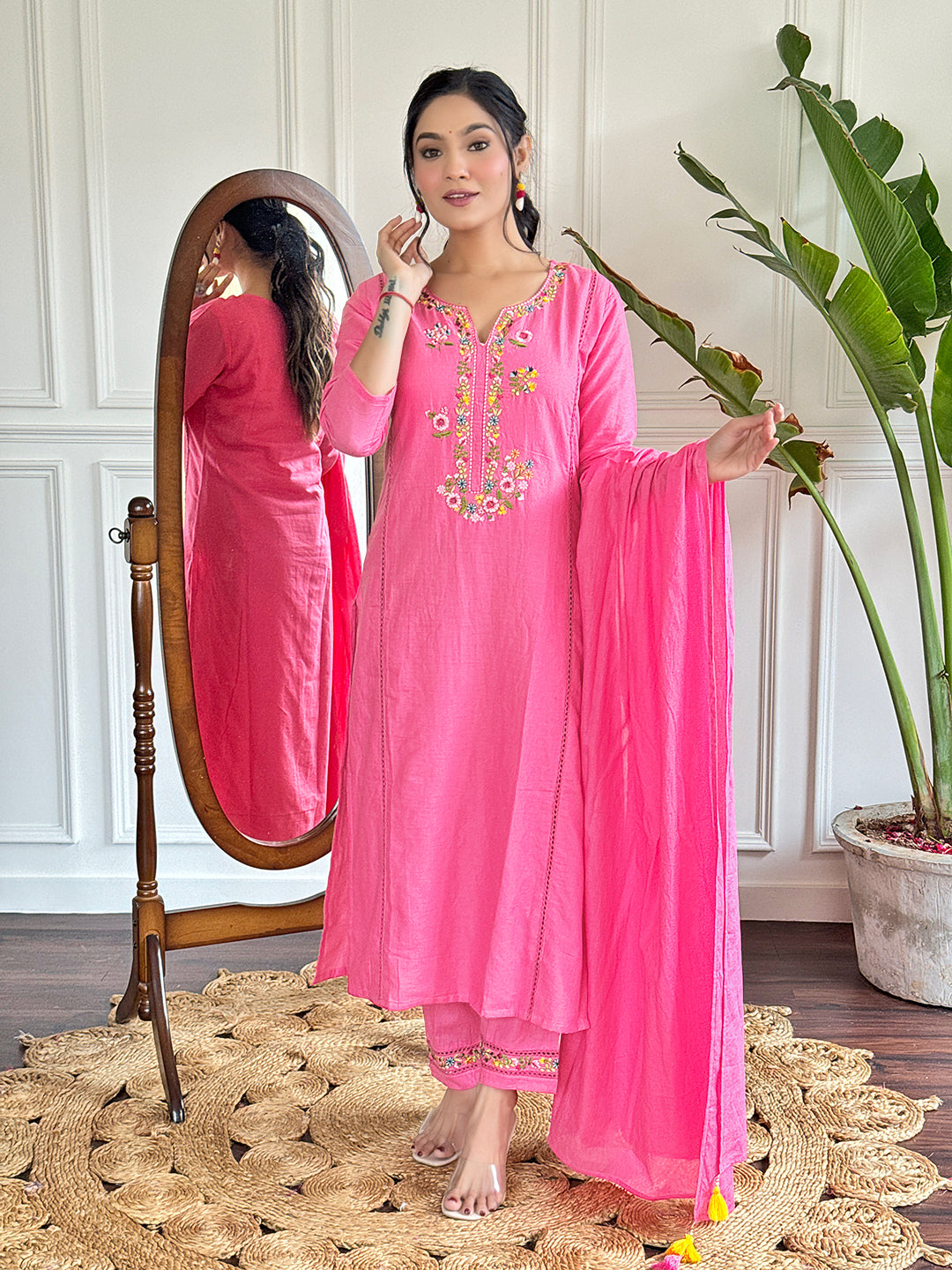 Women’s Pink Viscose Embroidered Straight Kurta with Viscose Pants & Cotton Dyed Dupatta Set  It’s concise, highlights the color first, and reads smoothly.