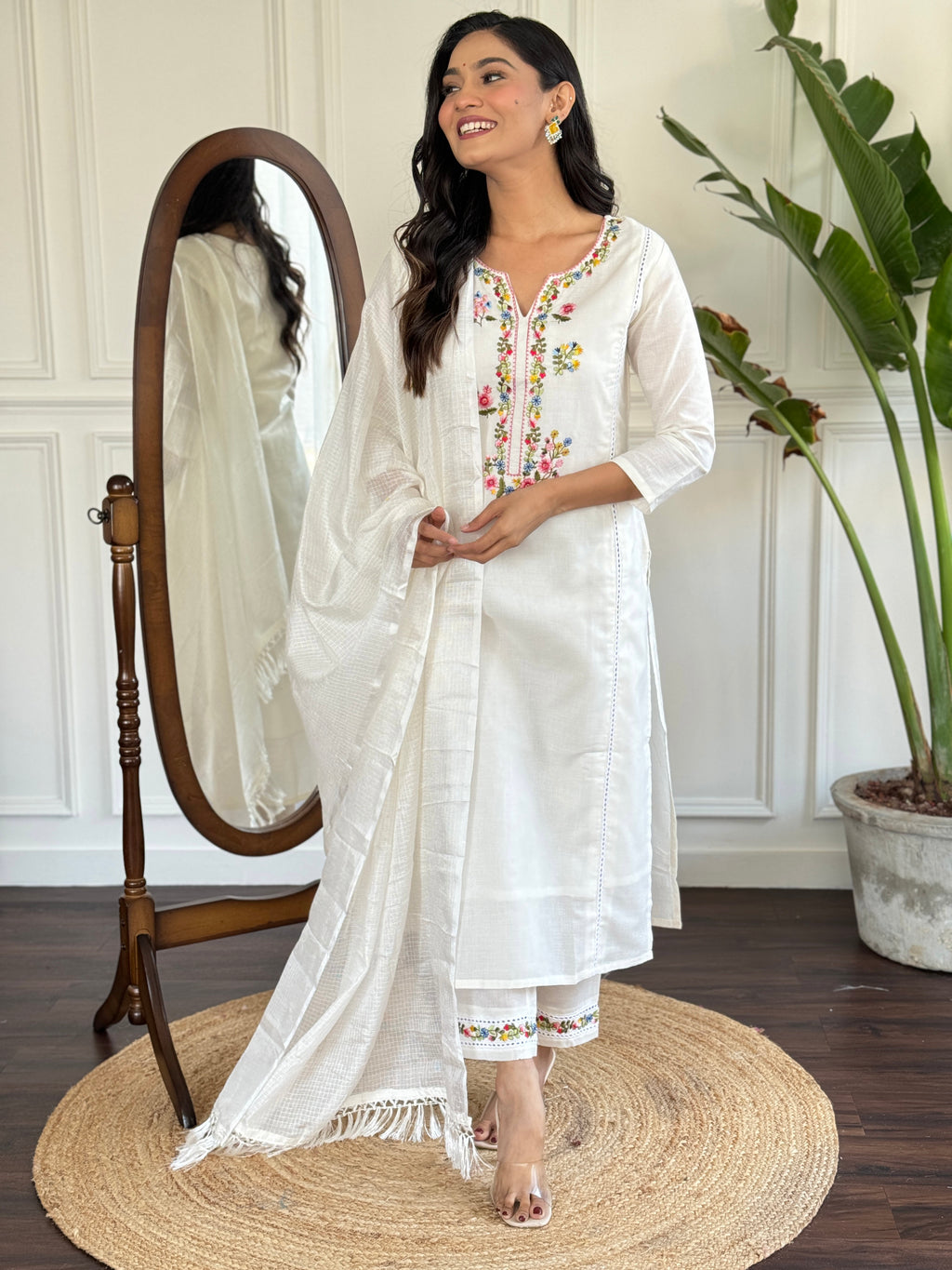 Women’s White Viscose Embroidered Straight Kurta Set with Viscose Pant & Cotton Lace Dupatta