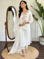 Women’s White Viscose Embroidered Straight Kurta Set with Viscose Pant & Cotton Lace Dupatta