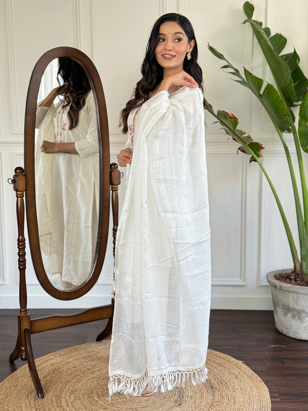 Women’s White Viscose Embroidered Straight Kurta Set with Viscose Pant & Cotton Lace Dupatta